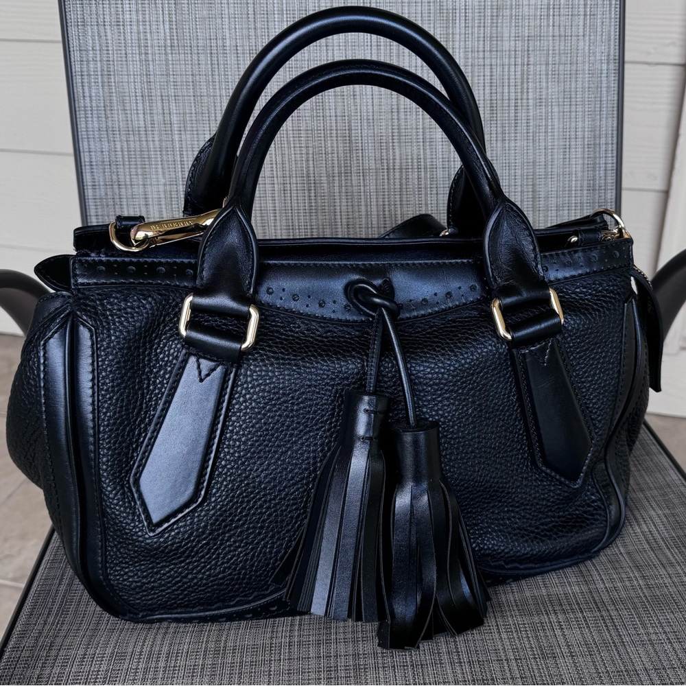NEW Burberry Black Brogue Leather Tassel Satchel